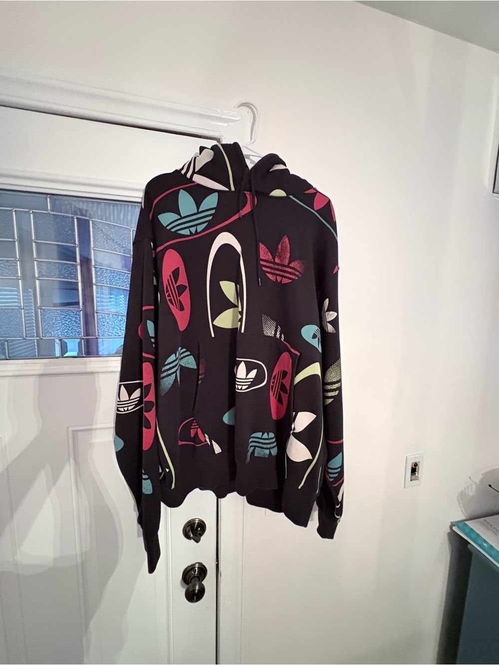 adidas Black Zip-Up Hoodie with Multicolor Trefoil Motifs